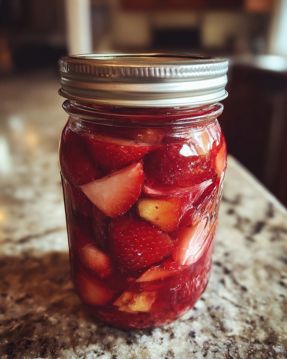 A close-up of a glass jar filled with bright red christmas jam made from fresh strawberries.