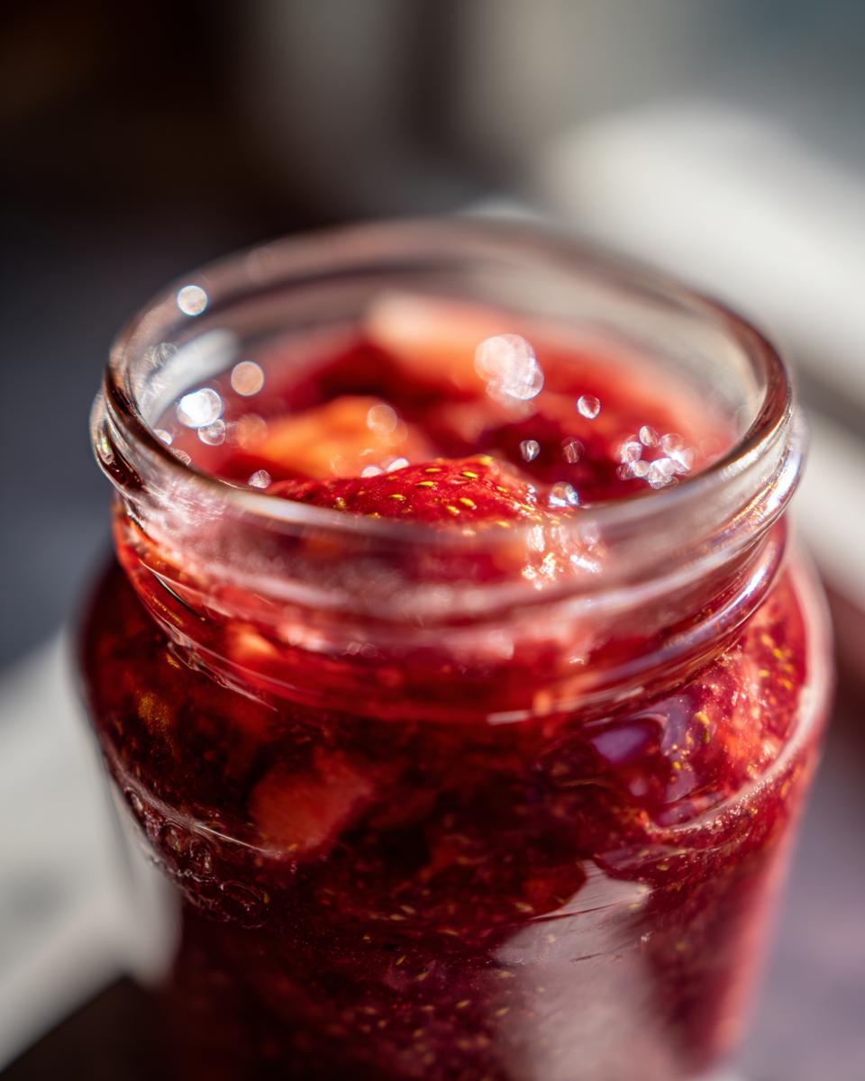Close-up of a glass jar filled with vibrant red christmas jam, showcasing chunks of strawberries.