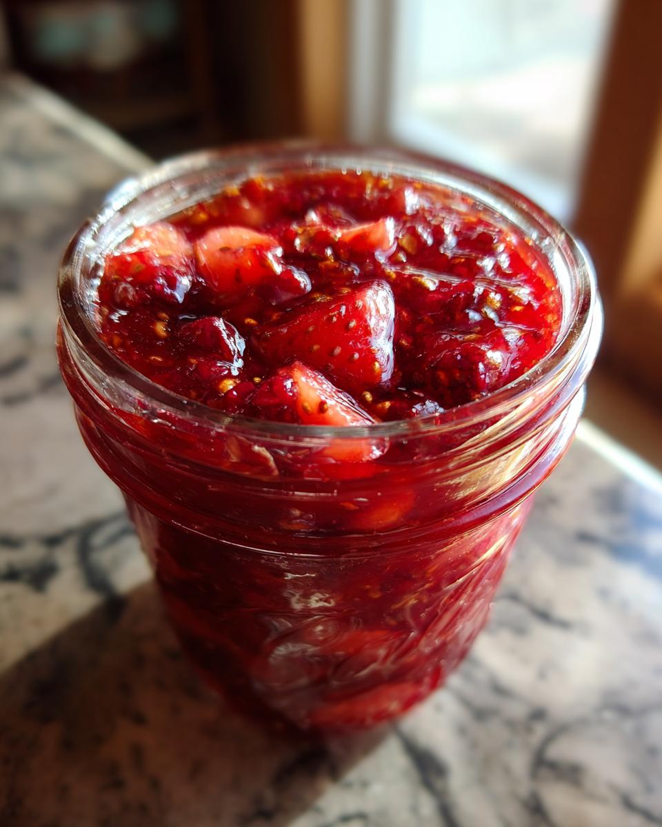 Close-up of a glass jar filled with glistening homemade christmas jam, showing chunks of strawberries.