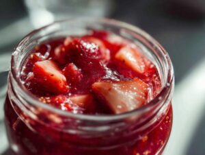 Close-up of a glass jar filled with glistening homemade christmas jam, showcasing chunks of fresh strawberries.