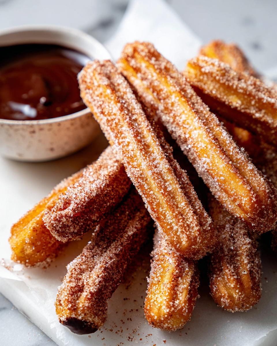 A close-up of freshly made churros, coated in cinnamon sugar, next to a bowl of rich chocolate dipping sauce.