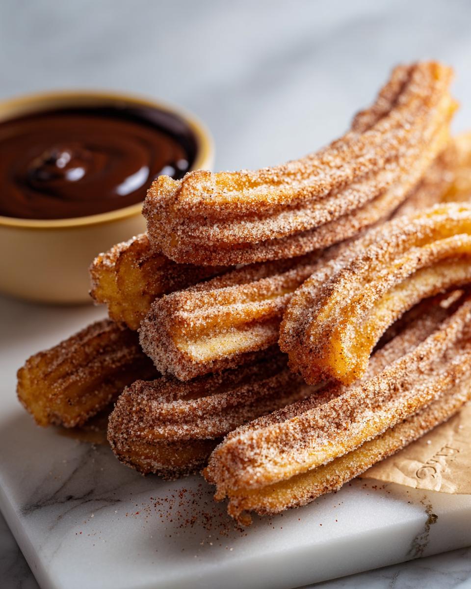 A close-up of a stack of golden-brown churros coated in cinnamon sugar, with a bowl of chocolate sauce in the background.
