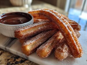 A pile of freshly fried churros coated in cinnamon sugar, served with a bowl of rich chocolate dipping sauce.
