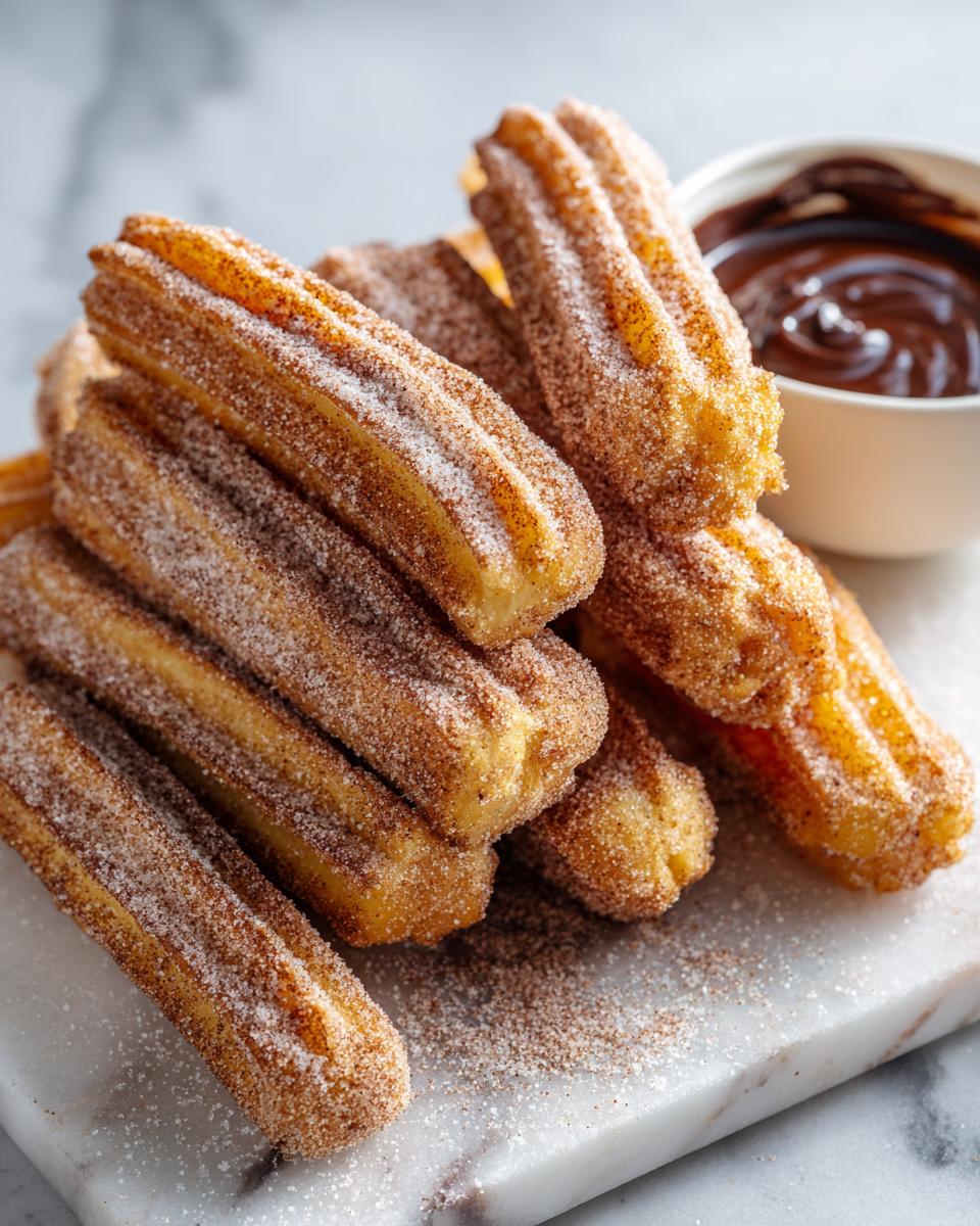 A pile of freshly fried churros coated in cinnamon sugar, served with a bowl of rich chocolate dipping sauce.