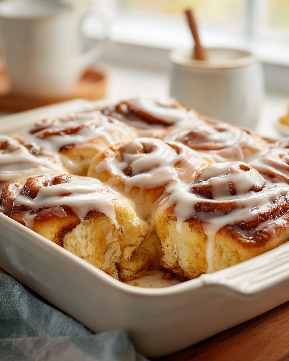 Close-up of a white baking dish filled with gooey cinnamon roll casserole, drizzled with white icing.