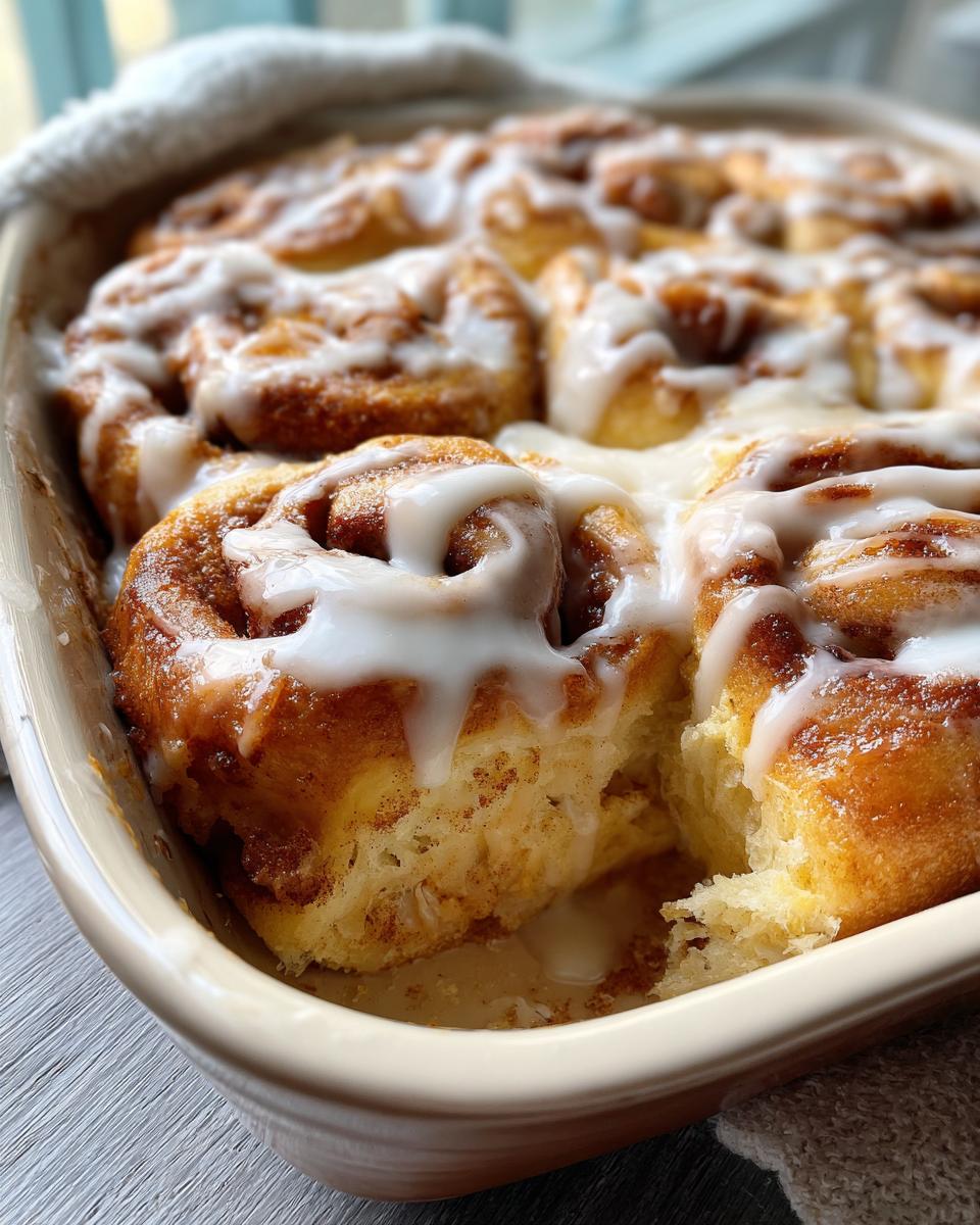 Close-up of a freshly baked 5 ingredient cinnamon roll casserole with a gooey glaze.