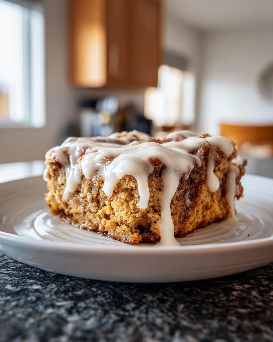 A close-up of a delicious cinnamon roll casserole slice drizzled with white icing on a white plate.