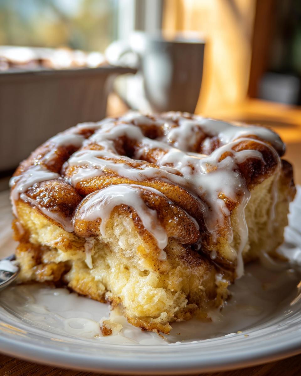 A close-up of a fluffy slice of cinnamon roll casserole drizzled with white icing.