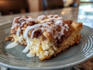 A close-up of a slice of 5 ingredient cinnamon roll casserole, drizzled with white icing.