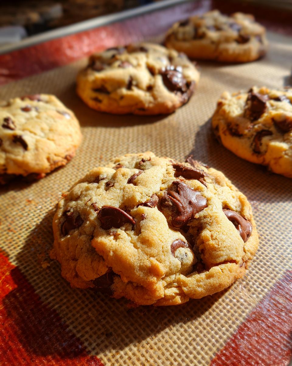 Close-up of freshly baked classic chocolate chip cookies with melted chocolate chips on a baking sheet.