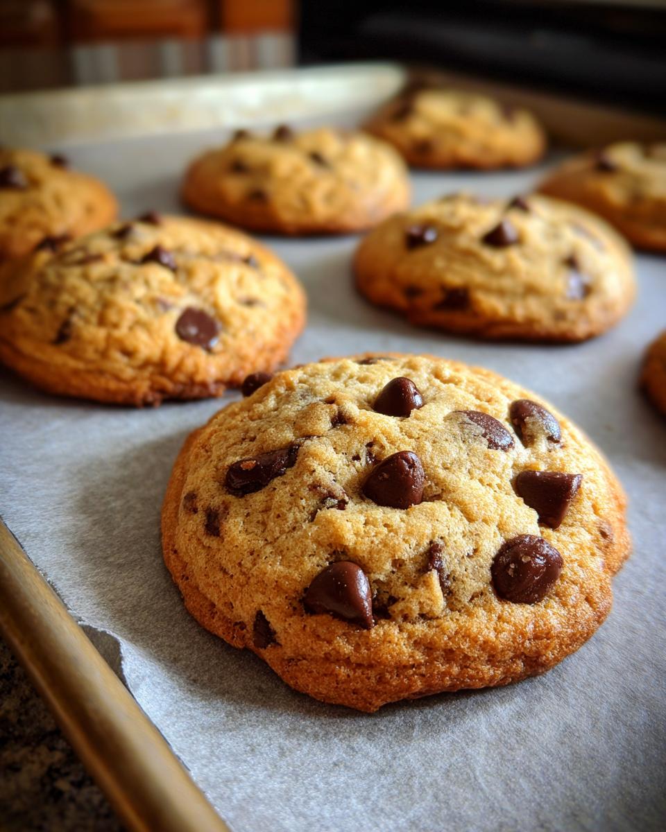 Close-up of a batch of perfect classic chocolate chip cookies, golden brown and studded with chocolate chips, on a baking sheet.