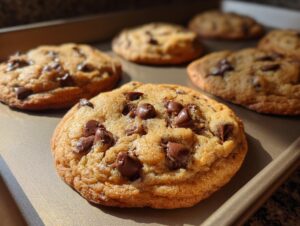 Close-up of freshly baked classic chocolate chip cookies with melty chocolate chips on a baking sheet.