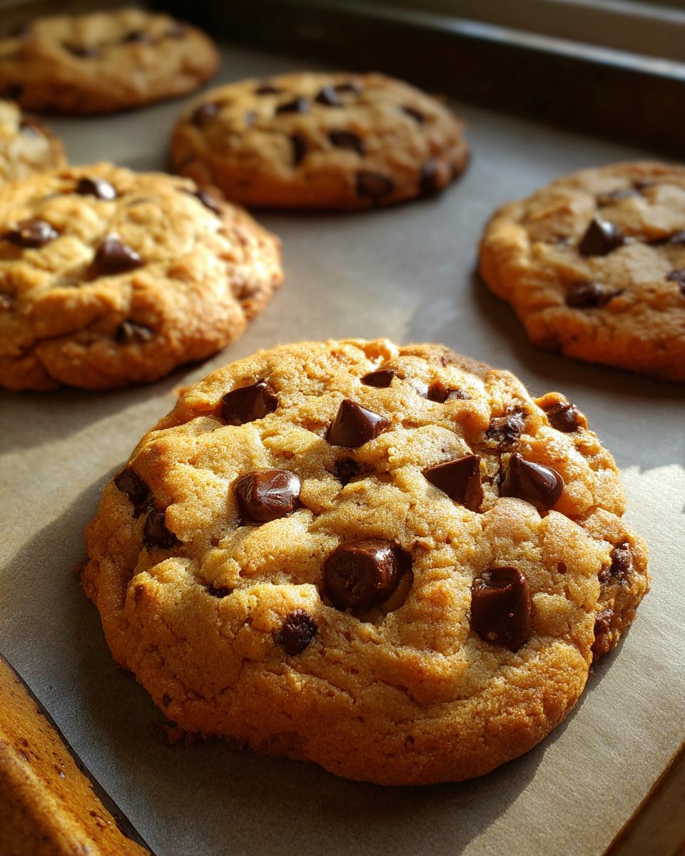 Close-up of a freshly baked classic chocolate chip cookie on a baking sheet, with more cookies in the background.