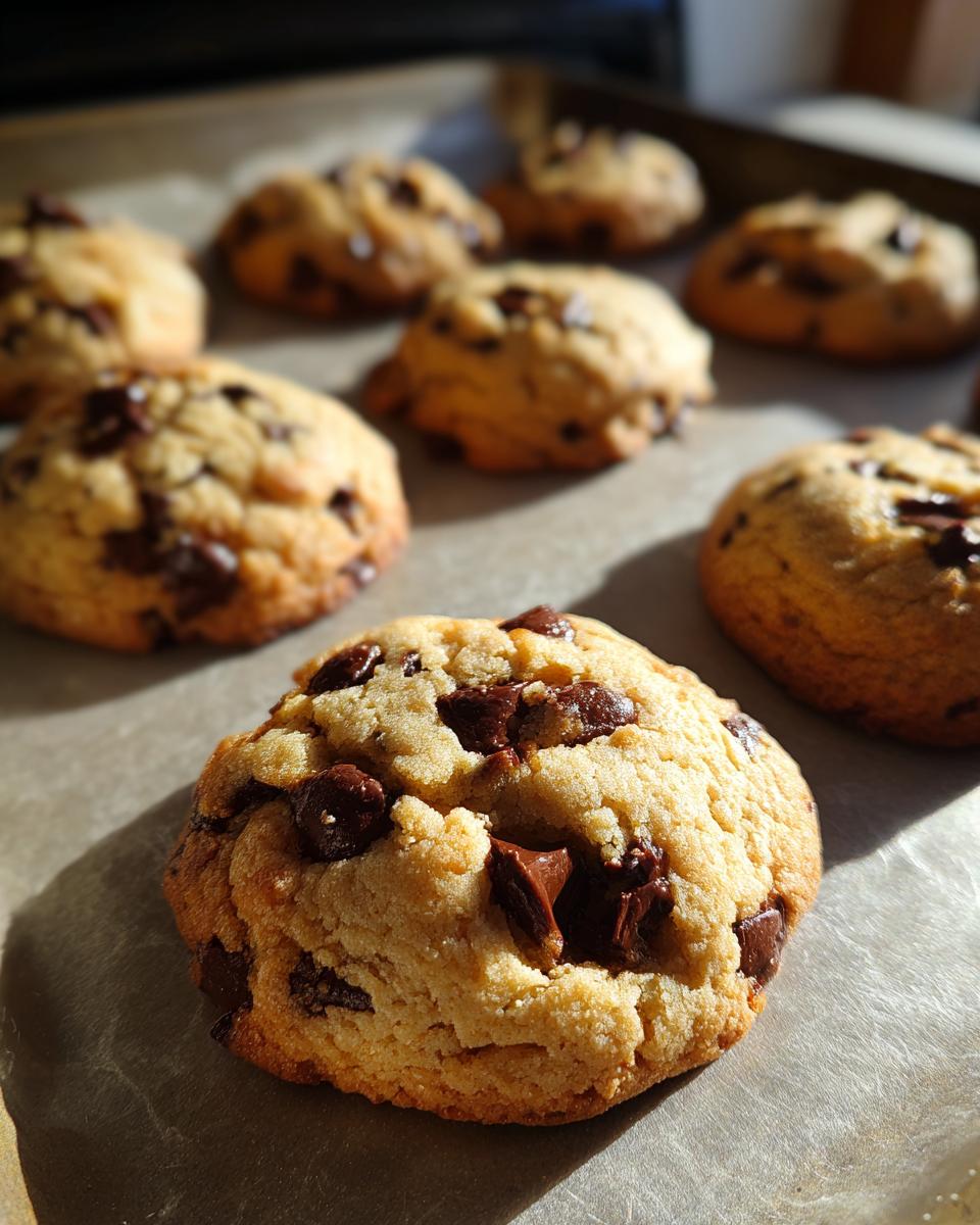 Close-up of freshly baked classic chocolate chip cookies with generous chocolate chunks on a baking sheet.