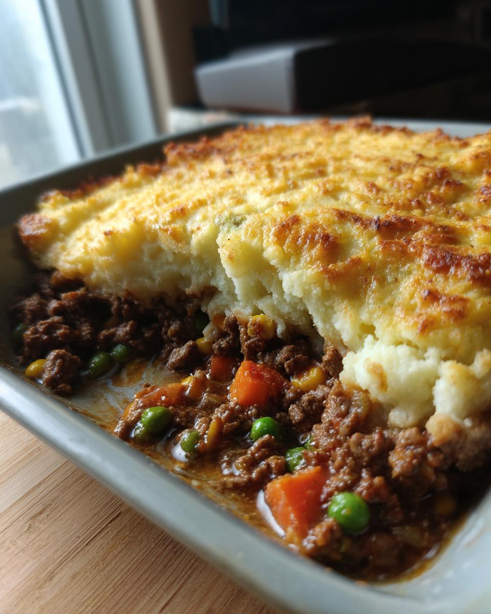 A close-up of a freshly baked Classic Shepherd's Pie, showing the golden mashed potato topping and savory meat and vegetable filling.