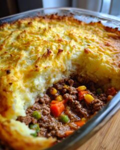 A close-up view of a freshly baked Classic Shepherd's Pie, showing the golden mashed potato topping and the savory meat and vegetable filling.
