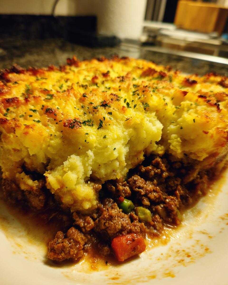 A close-up view of a portion of Classic Shepherd's Pie, showcasing the rich ground meat filling with vegetables and a fluffy, golden-brown mashed potato topping.