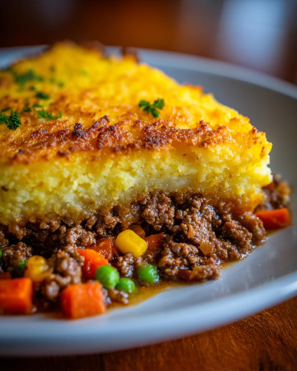 A close-up of a serving of Classic Shepherd's Pie, featuring a rich meat and vegetable filling topped with golden mashed potatoes and a sprinkle of parsley.