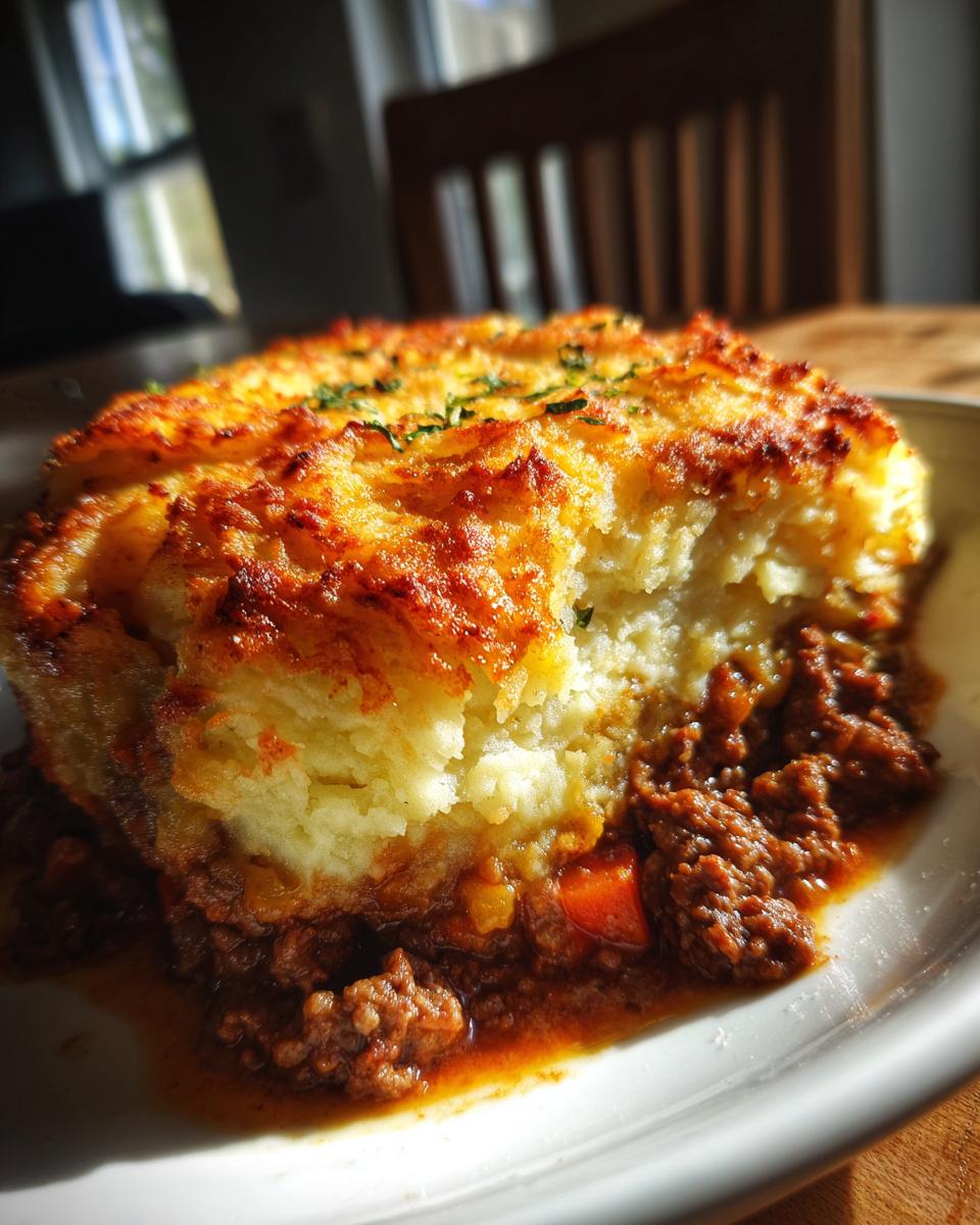 A close-up of a hearty slice of classic shepherd's pie, featuring a rich meat filling and a golden-brown mashed potato topping.
