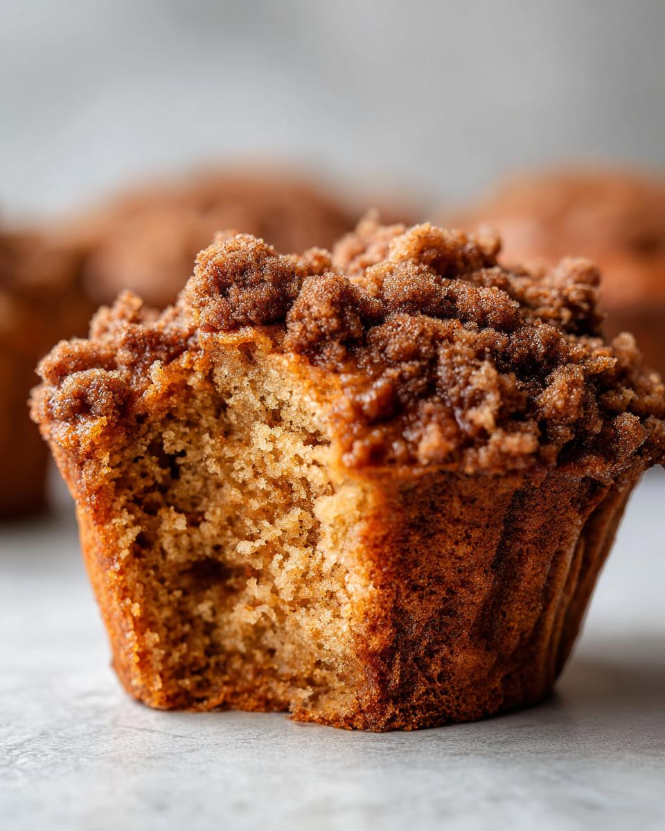 A close-up of a coffee cake muffin with a bite taken out, revealing a fluffy interior and a generous streusel topping.