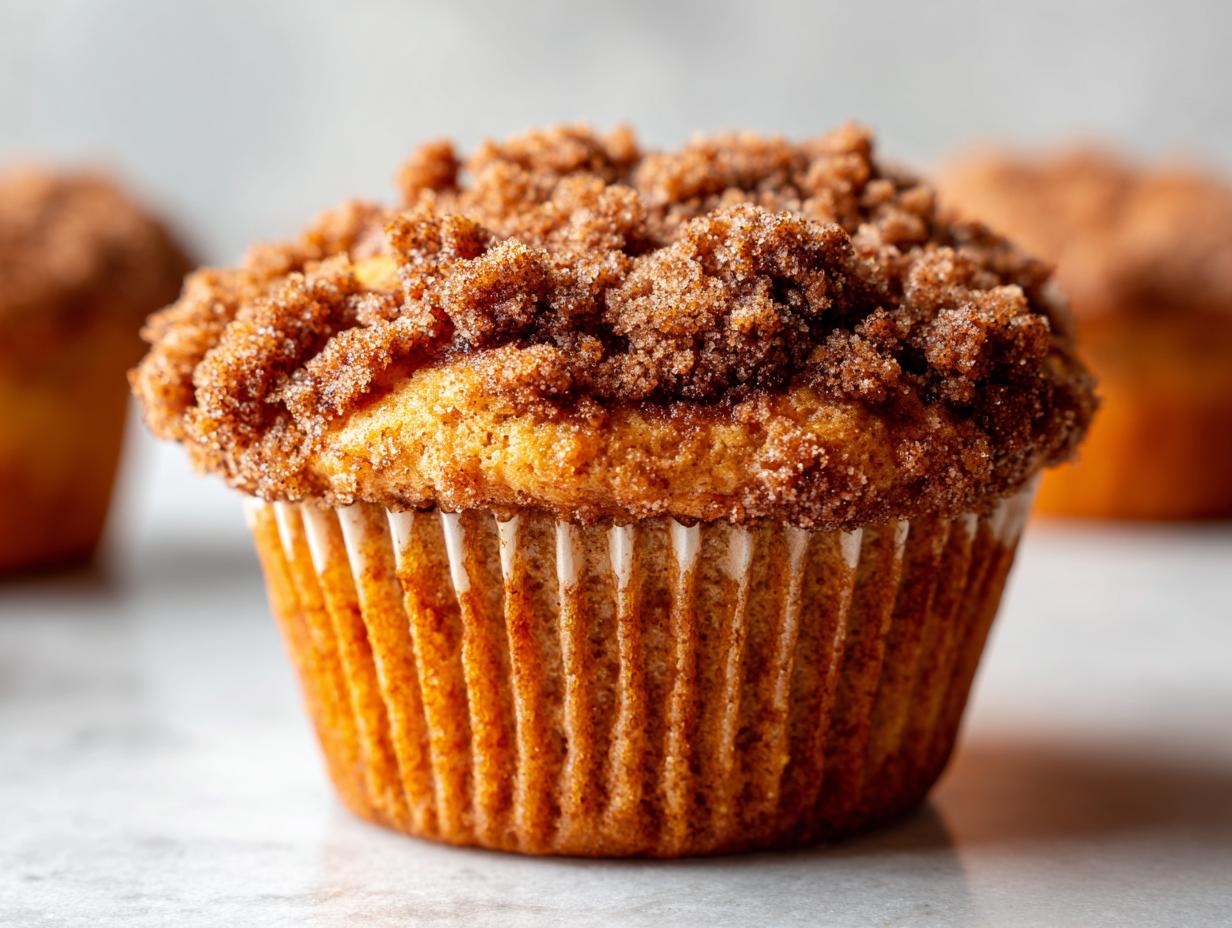 Close-up of a tall coffee cake muffin topped with generous cinnamon streusel topping.