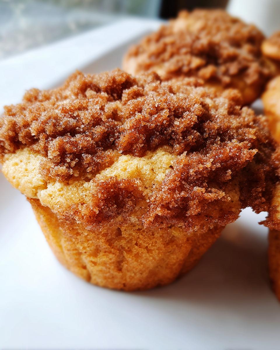 Close-up of a tall coffee cake muffin topped with a generous amount of cinnamon streusel.