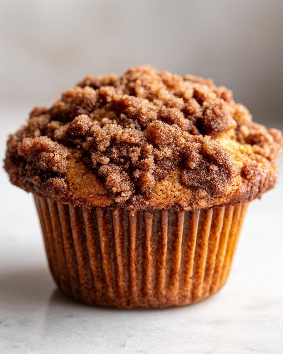 A close-up shot of a perfectly baked coffee cake muffin with a generous crumb topping.