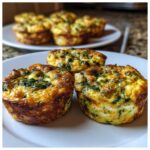 Close-up of three delicious Cottage Cheese Egg Cups With Spinach & Feta on a white plate.