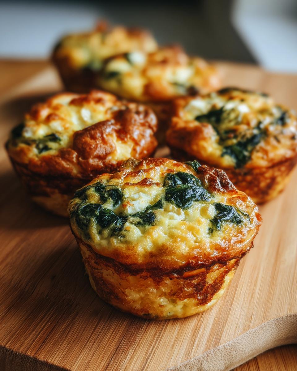 Close-up of golden-brown Cottage Cheese Egg Cups With Spinach & Feta on a wooden board.