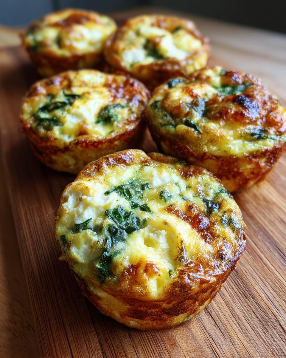 Close-up of golden-brown Cottage Cheese Egg Cups With Spinach & Feta on a wooden board.