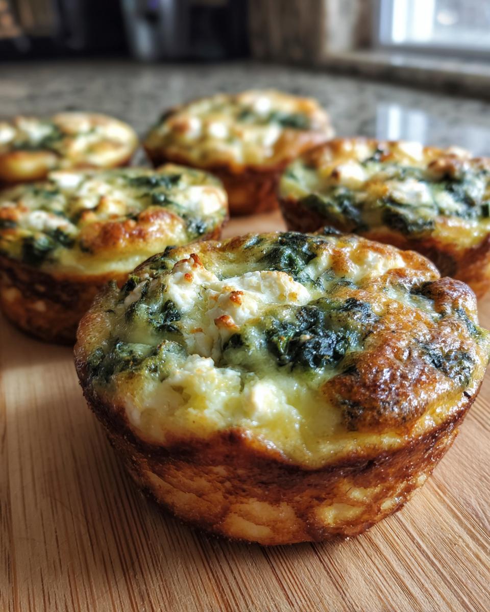 Close-up of freshly baked Cottage Cheese Egg Cups With Spinach & Feta on a wooden board.