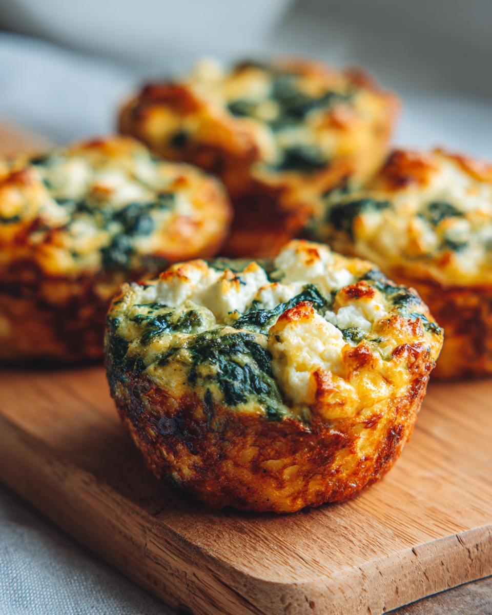 Close-up of delicious Cottage Cheese Egg Cups with Spinach & Feta on a wooden board.