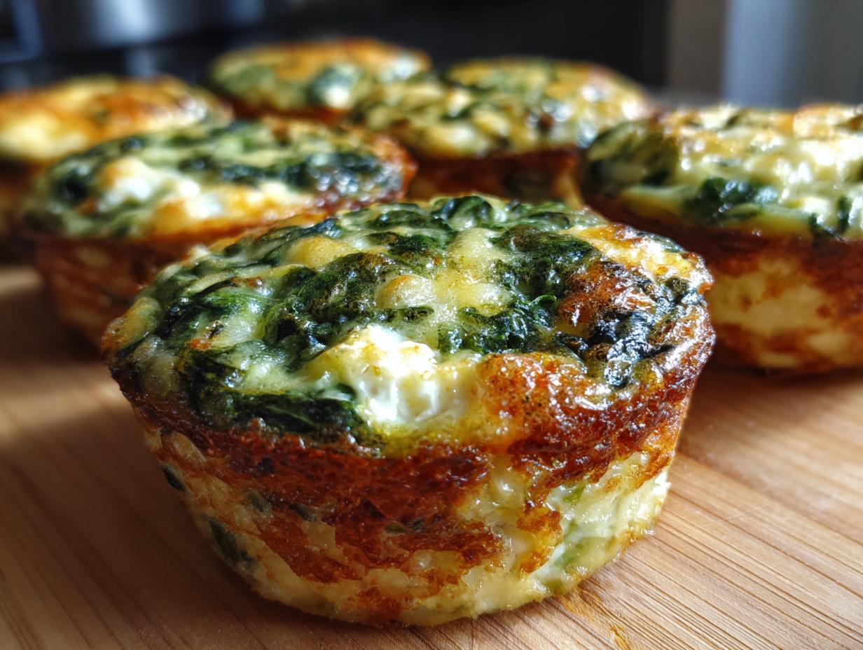 Close-up of golden-brown Cottage Cheese Egg Cups With Spinach & Feta, showing fluffy egg, wilted spinach, and white feta cheese.