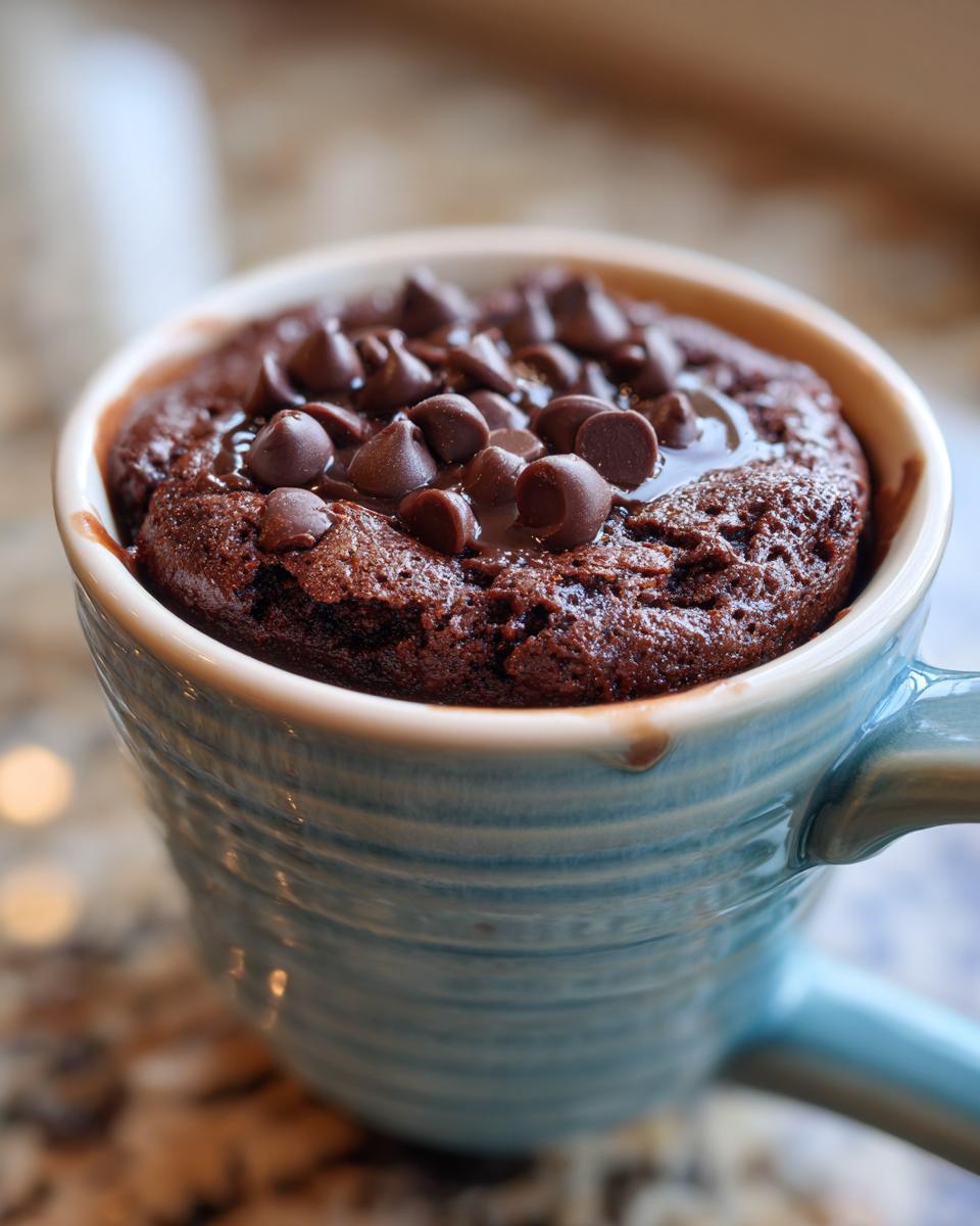 A close-up of a delicious Cottage Cheese Microwave Brownie topped with melted chocolate and chocolate chips in a blue mug.