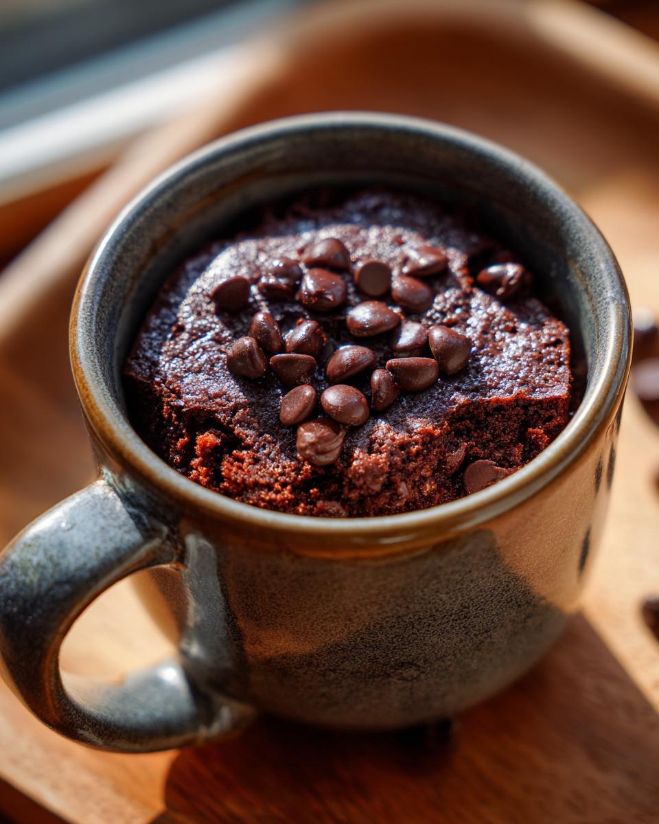 A close-up of a warm Cottage Cheese Microwave Brownie topped with melted chocolate chips in a rustic mug.
