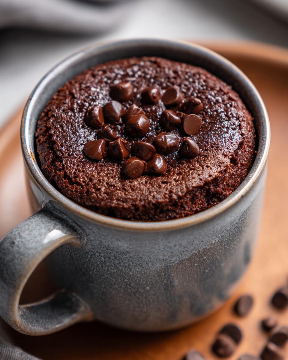 Close-up of a rich chocolate Cottage Cheese Microwave Brownie topped with chocolate chips in a mug.