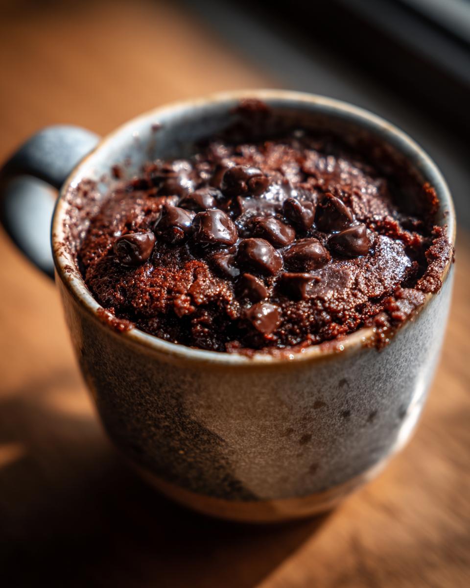 A close-up of a rich chocolate Cottage Cheese Microwave Brownie topped with chocolate chips in a mug.