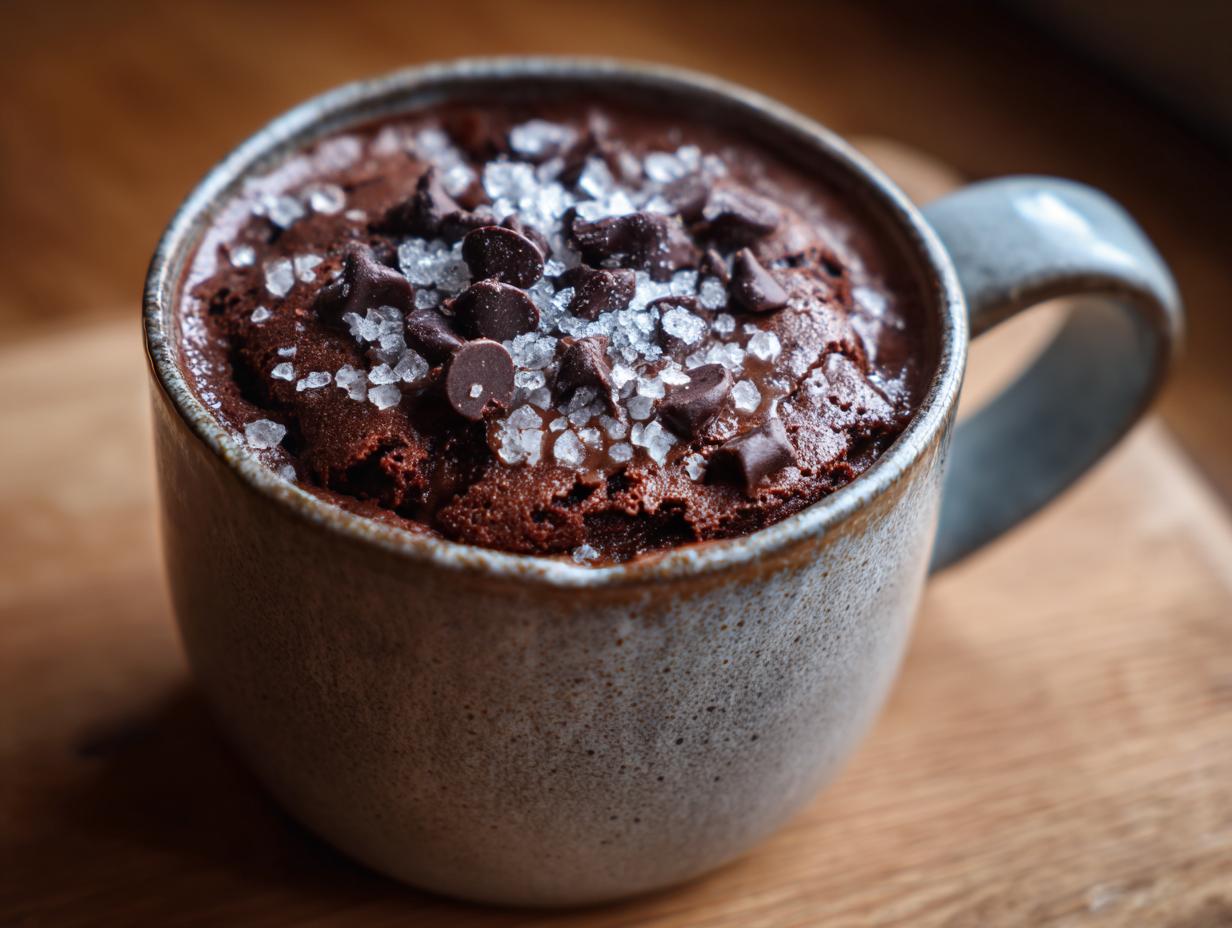 A close-up of a rich chocolate Cottage Cheese Microwave Brownie topped with chocolate chips and coarse sugar.
