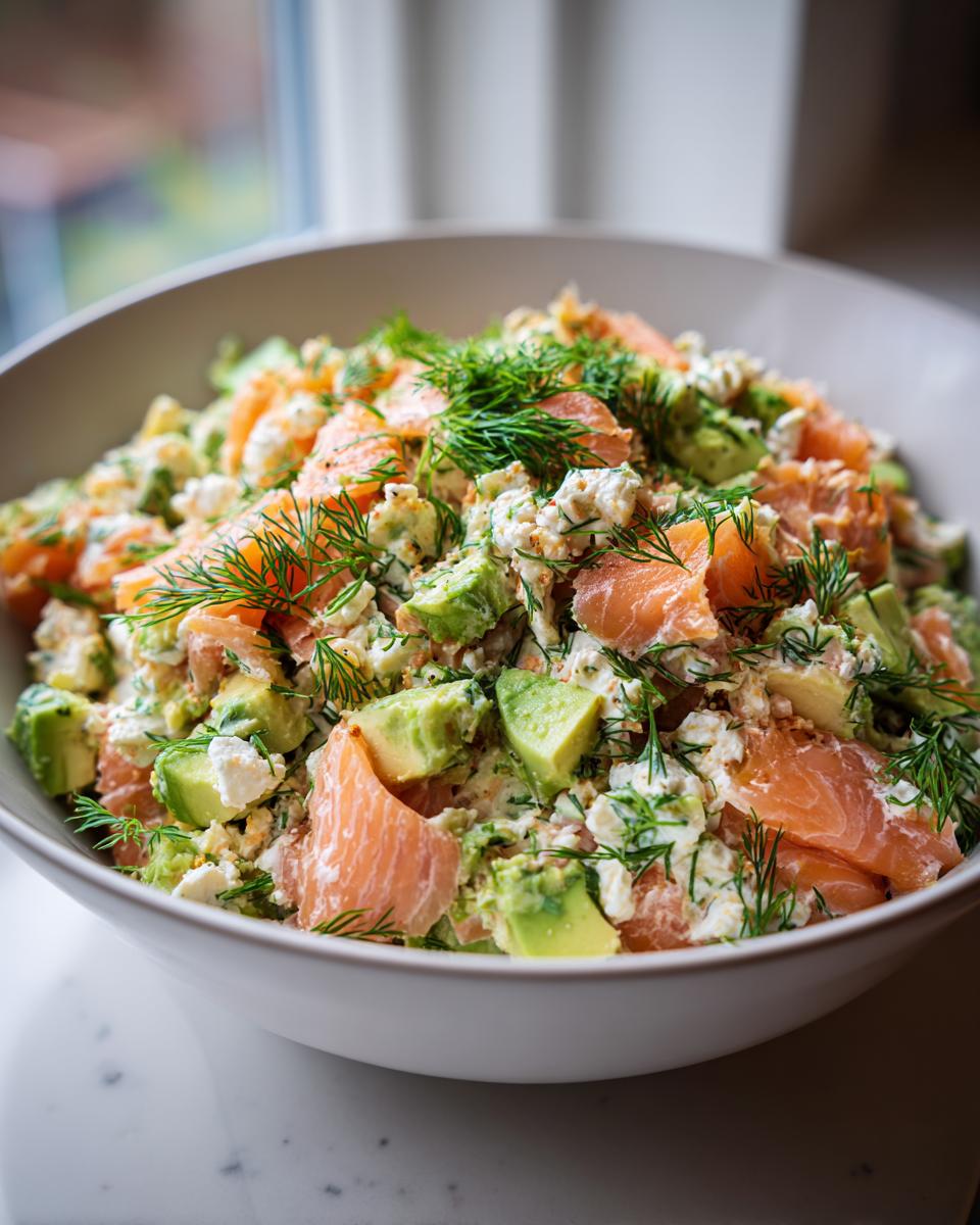 Close-up of a vibrant cottage cheese smoked salmon salad with chunks of avocado and fresh dill.