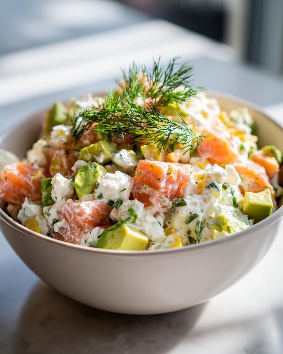 A close-up of a creamy cottage cheese smoked salmon salad with chunks of avocado and fresh dill.