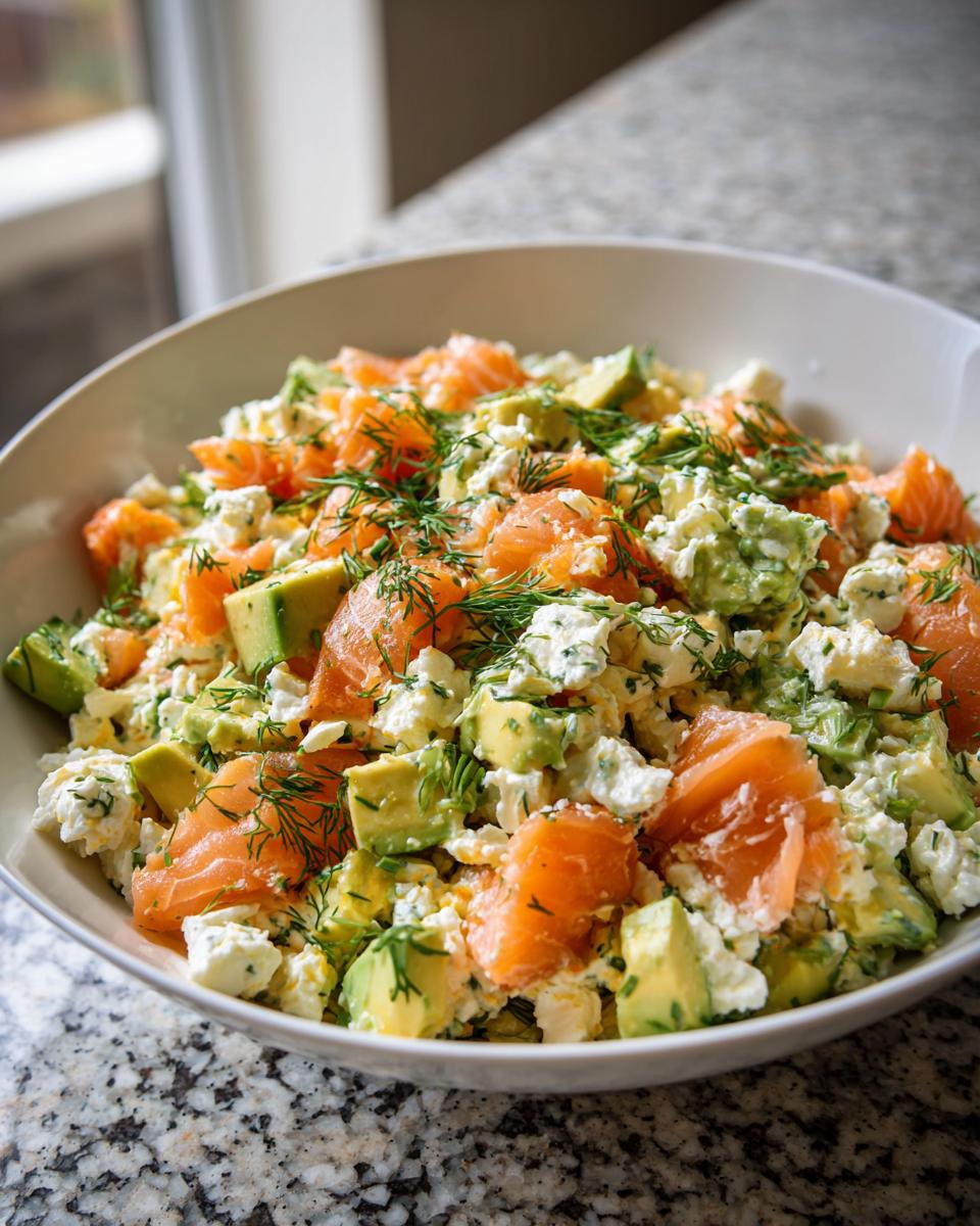 A close-up of a vibrant cottage cheese smoked salmon salad with chunks of avocado and fresh dill.