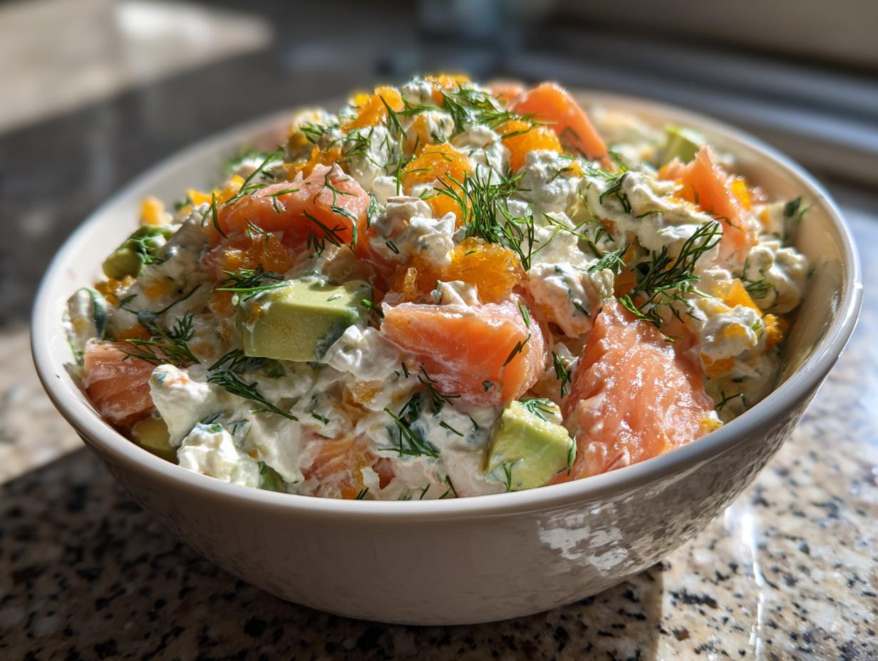 A close-up of a creamy cottage cheese smoked salmon salad with chunks of avocado and fresh dill.