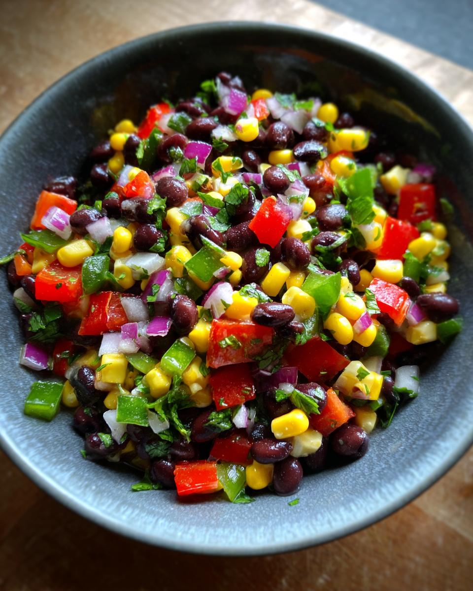 A close-up overhead shot of colorful Cowboy Caviar in a dark bowl, featuring black beans, corn, red bell peppers, green peppers, red onion, and cilantro.