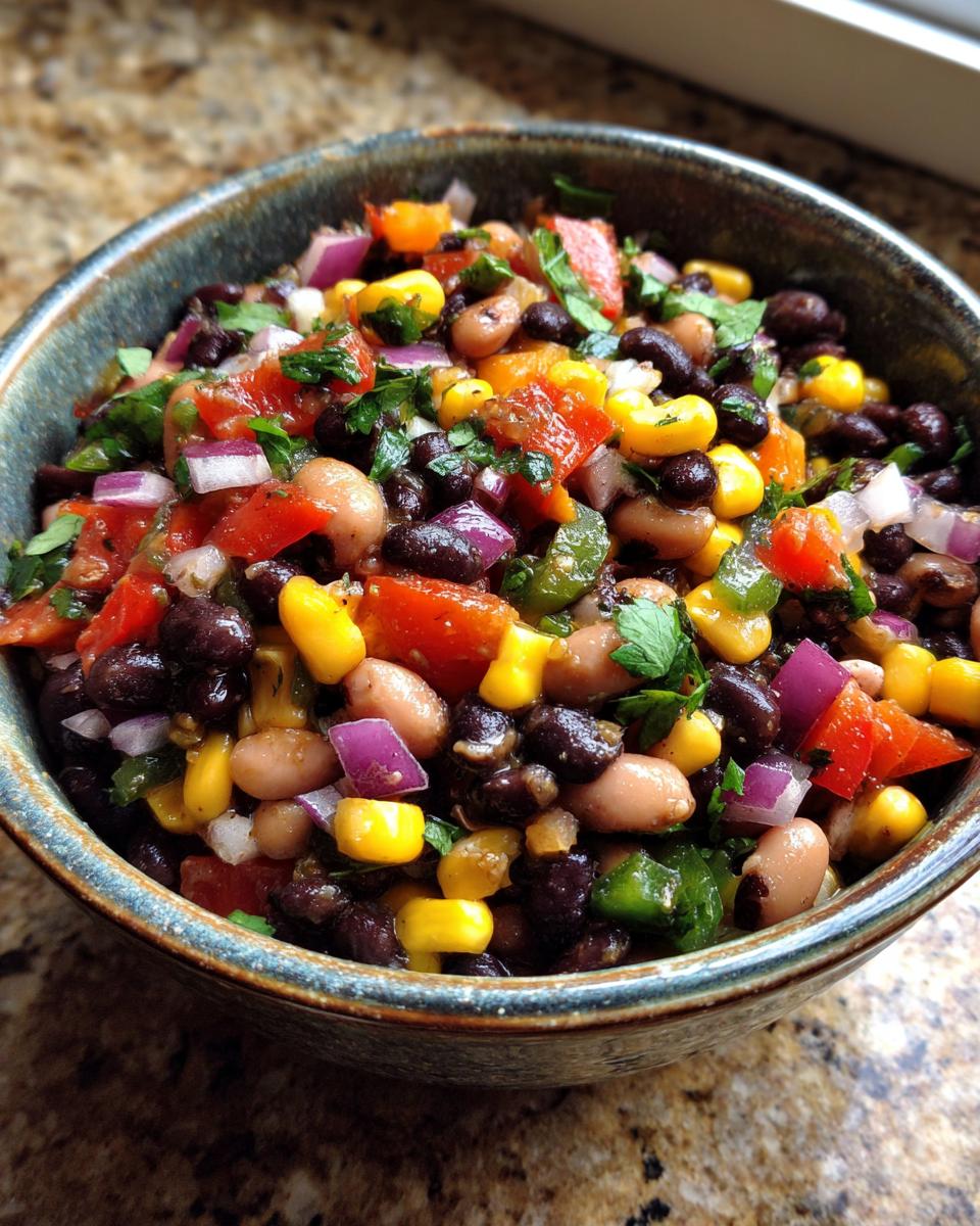 A close-up of a bowl filled with vibrant Cowboy Caviar, featuring black beans, corn, tomatoes, red onion, and cilantro.