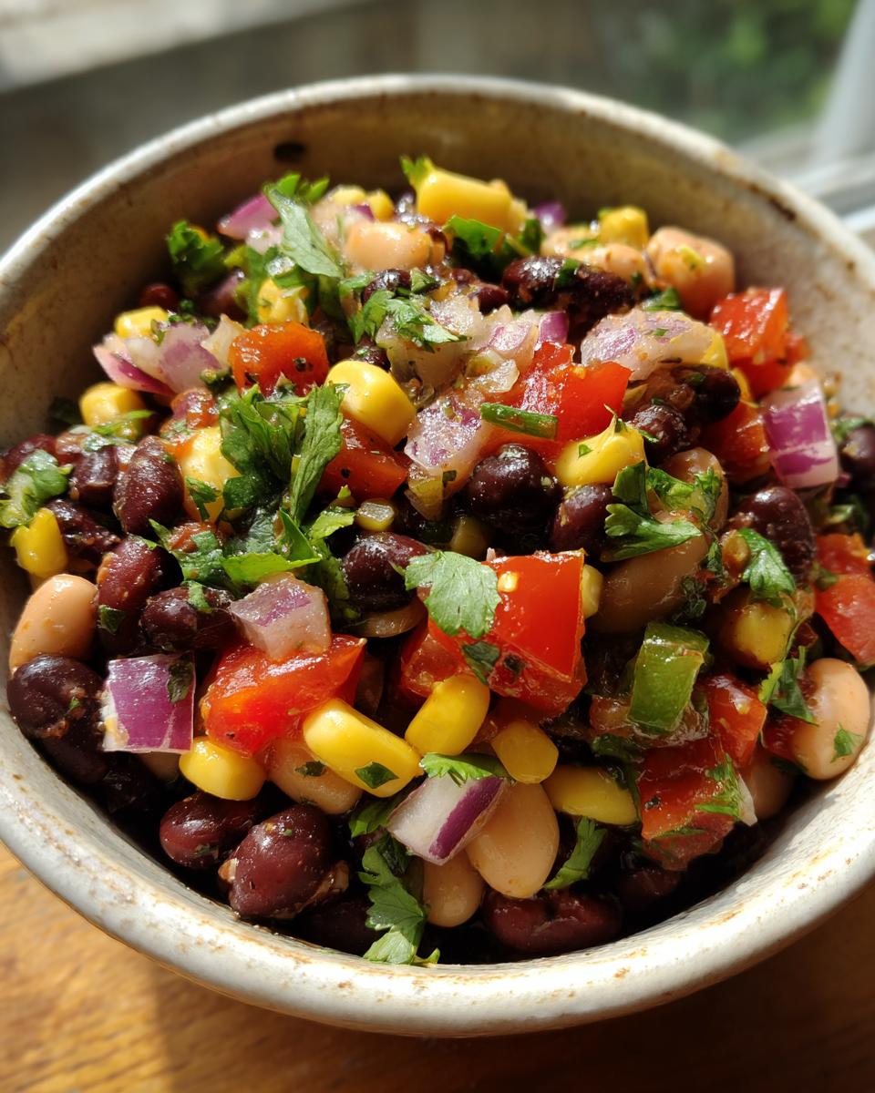 A close-up shot of a bowl filled with vibrant Cowboy Caviar, featuring black beans, corn, tomatoes, red onion, and cilantro.