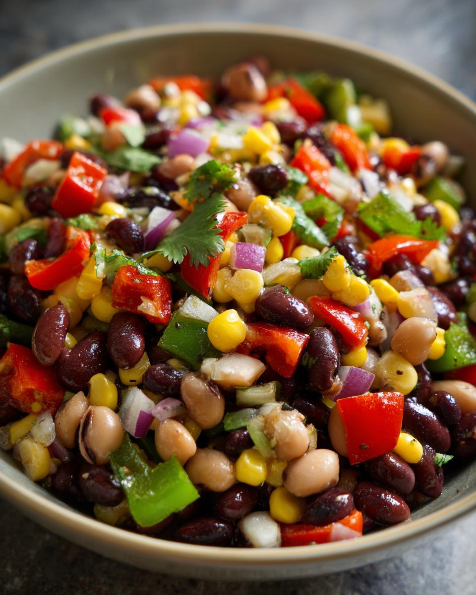 A close-up of a colorful bowl of Cowboy Caviar, featuring black beans, pinto beans, corn, red and green bell peppers, and red onion.
