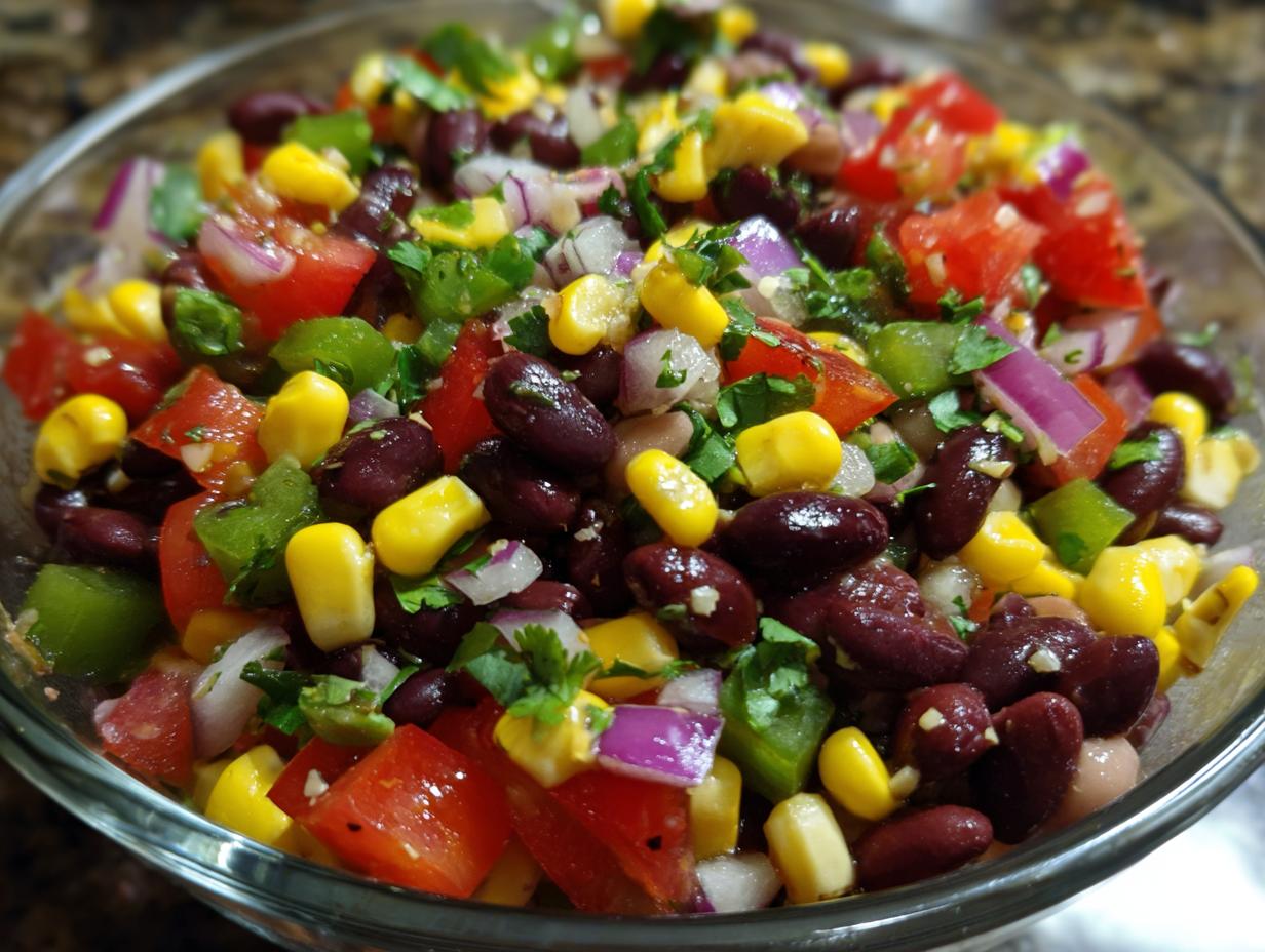 Close-up of a vibrant Cowboy Caviar salad in a glass bowl, featuring black beans, corn, tomatoes, green bell peppers, and red onion.