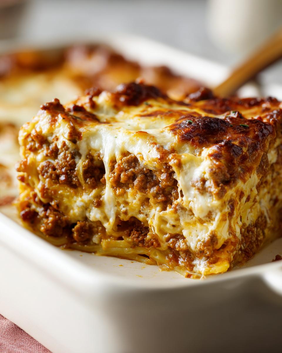 A delicious slice of creamy baked spaghetti casserole with layers of pasta, meat sauce, and melted cheese.