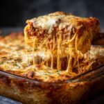 A serving spoon lifts a cheesy slice of creamy baked spaghetti casserole, showing melted cheese strings.