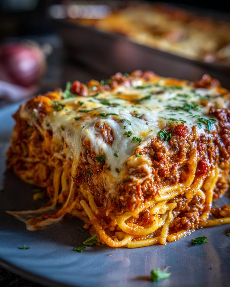 A delicious slice of creamy baked spaghetti casserole, topped with melted cheese and parsley.